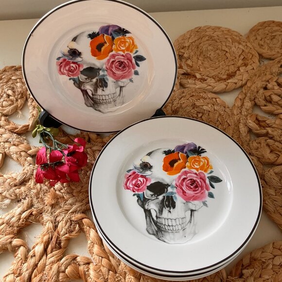 Ciroa Floral Skull Flowers 'Wicked' Series - Set of 4 Dessert Plates - Rare - Picture 6 of 8